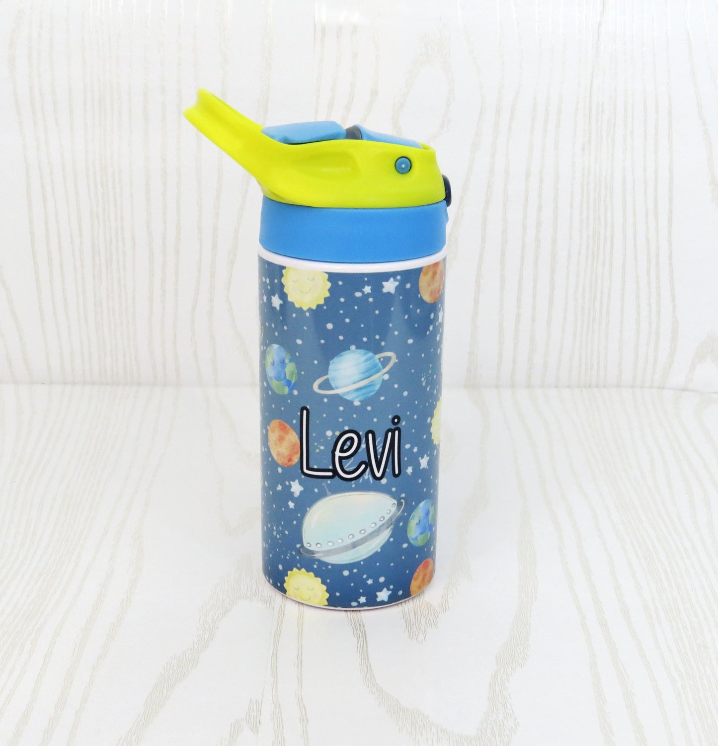 12 oz Stainless Steel Solar System Tumbler - Boys Outer Space Water Bottle - Planets Flip Top - Insulated Reusable - Straw - Personalized Custom with Handle