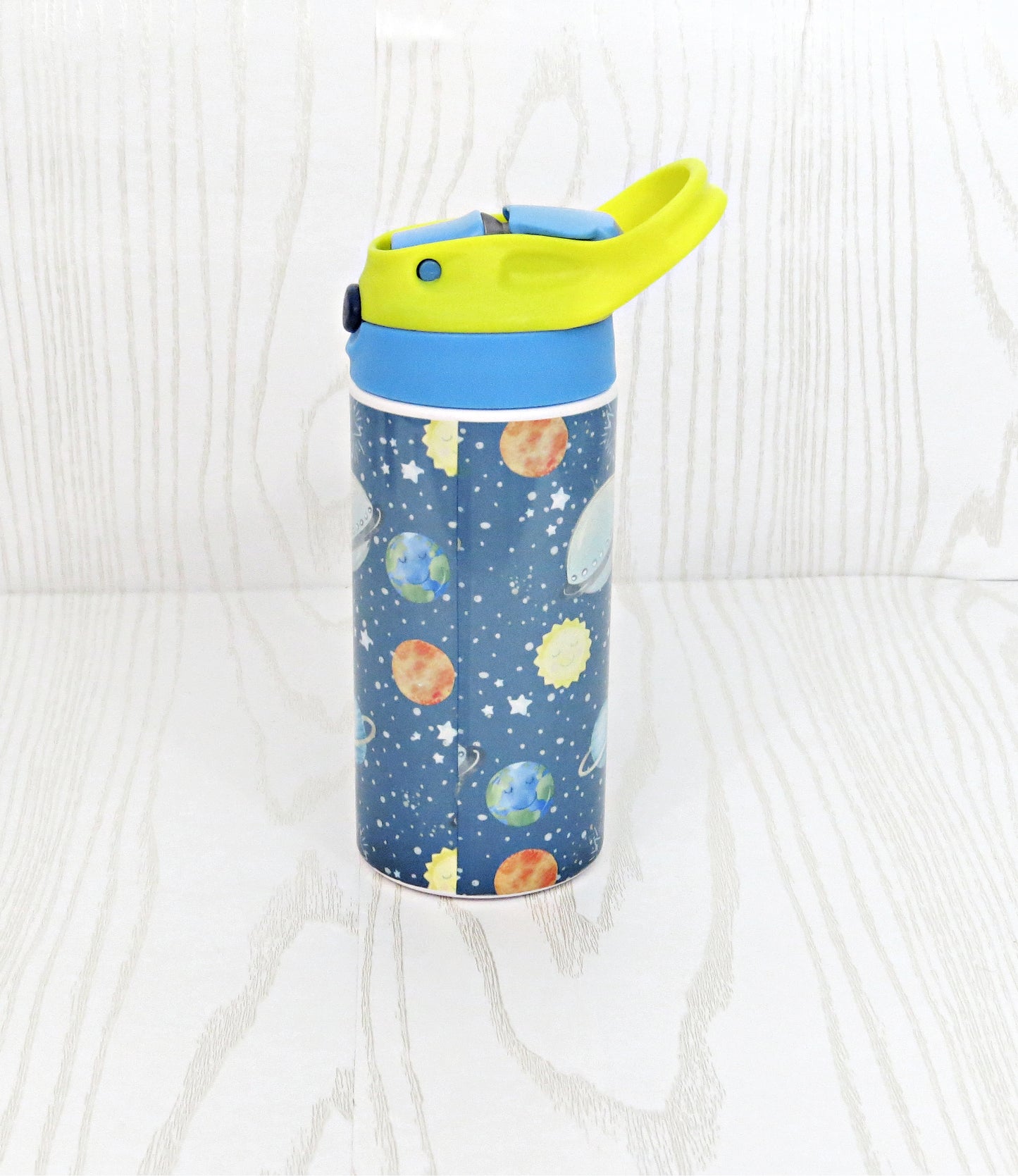 12 oz Stainless Steel Solar System Tumbler - Boys Outer Space Water Bottle - Planets Flip Top - Insulated Reusable - Straw - Personalized Custom with Handle