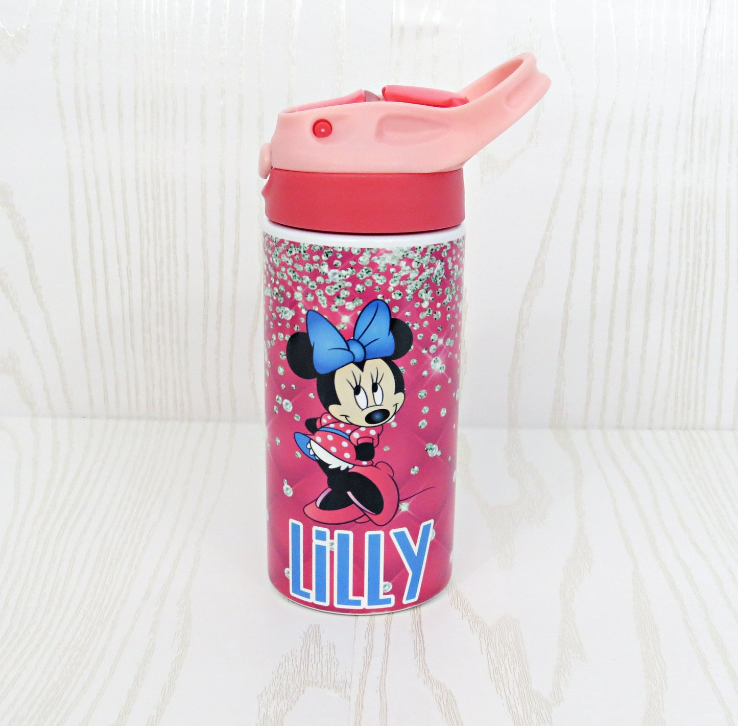 12 oz Stainless Steel Pink Mouse Tumbler - Girls Water Bottle - Flip Top - Insulated Reusable - Straw - Personalized Custom with Handle