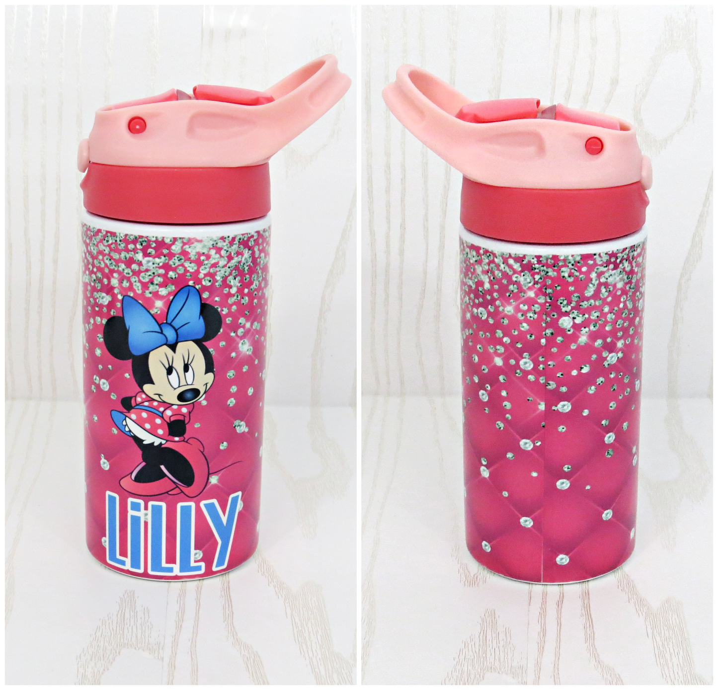 12 oz Stainless Steel Pink Mouse Tumbler - Girls Water Bottle - Flip Top - Insulated Reusable - Straw - Personalized Custom with Handle