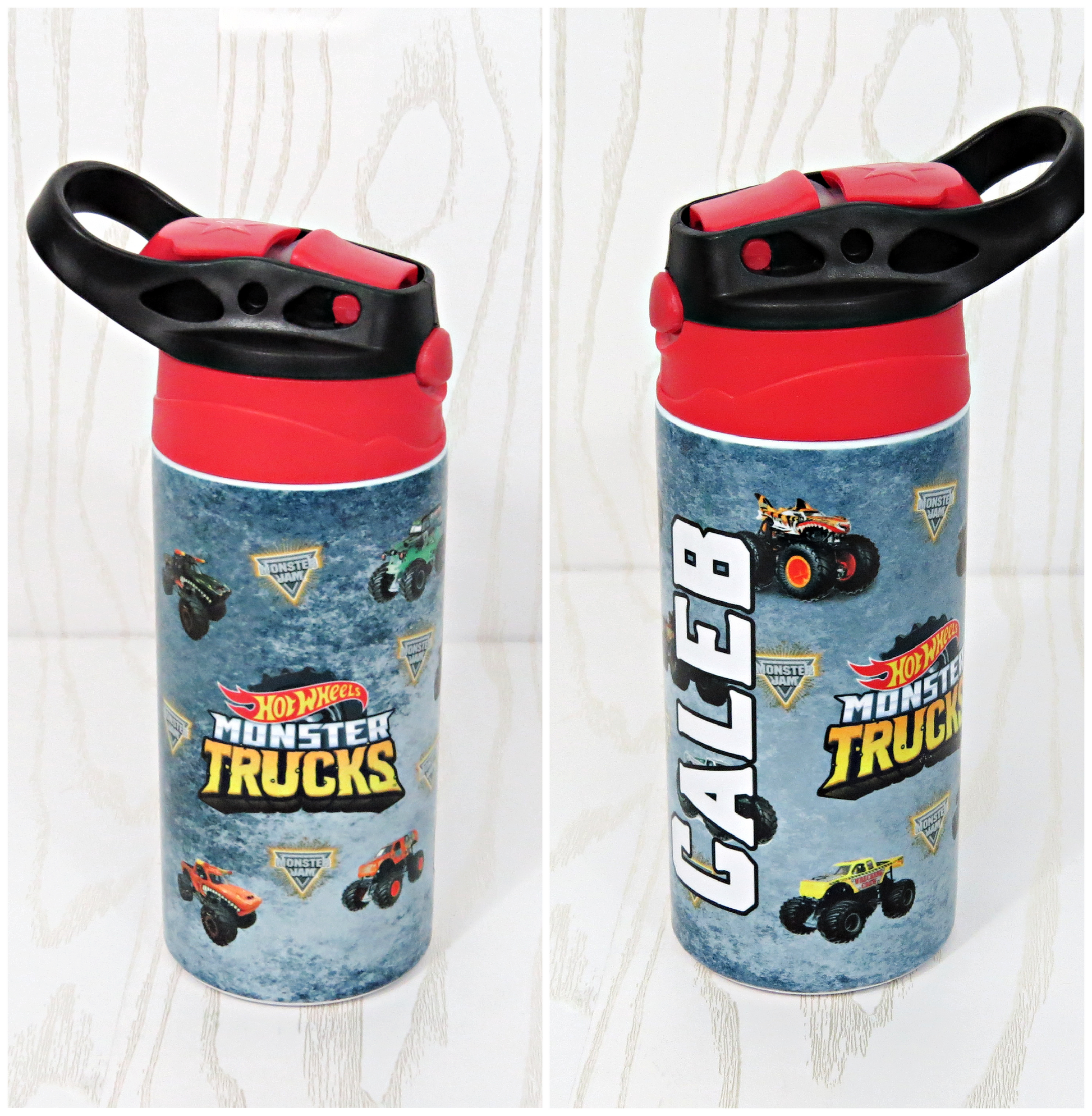 12 oz Stainless Steel Monster Trucks Tumbler - Boys Water Bottle - Flip Top  - Insulated Reusable - Straw - Personalized Custom with Handle