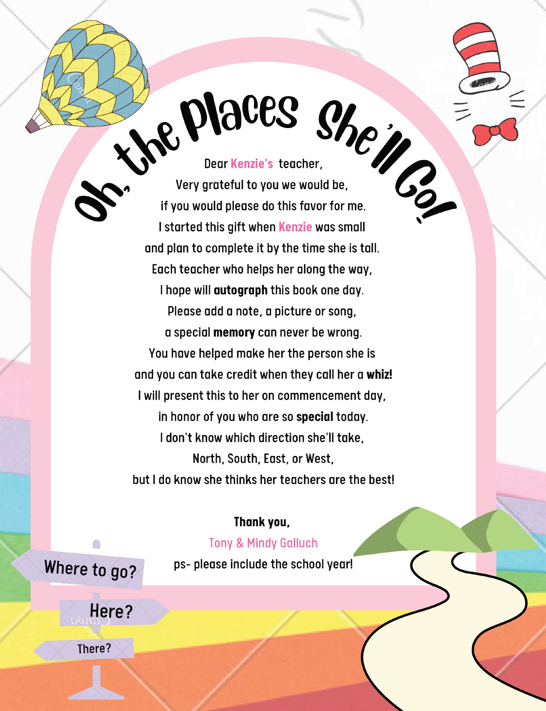 Oh the Places You'll Go Teacher Instructions for Book for Kids - End of School Year - Autograph -  Graduation Gift -