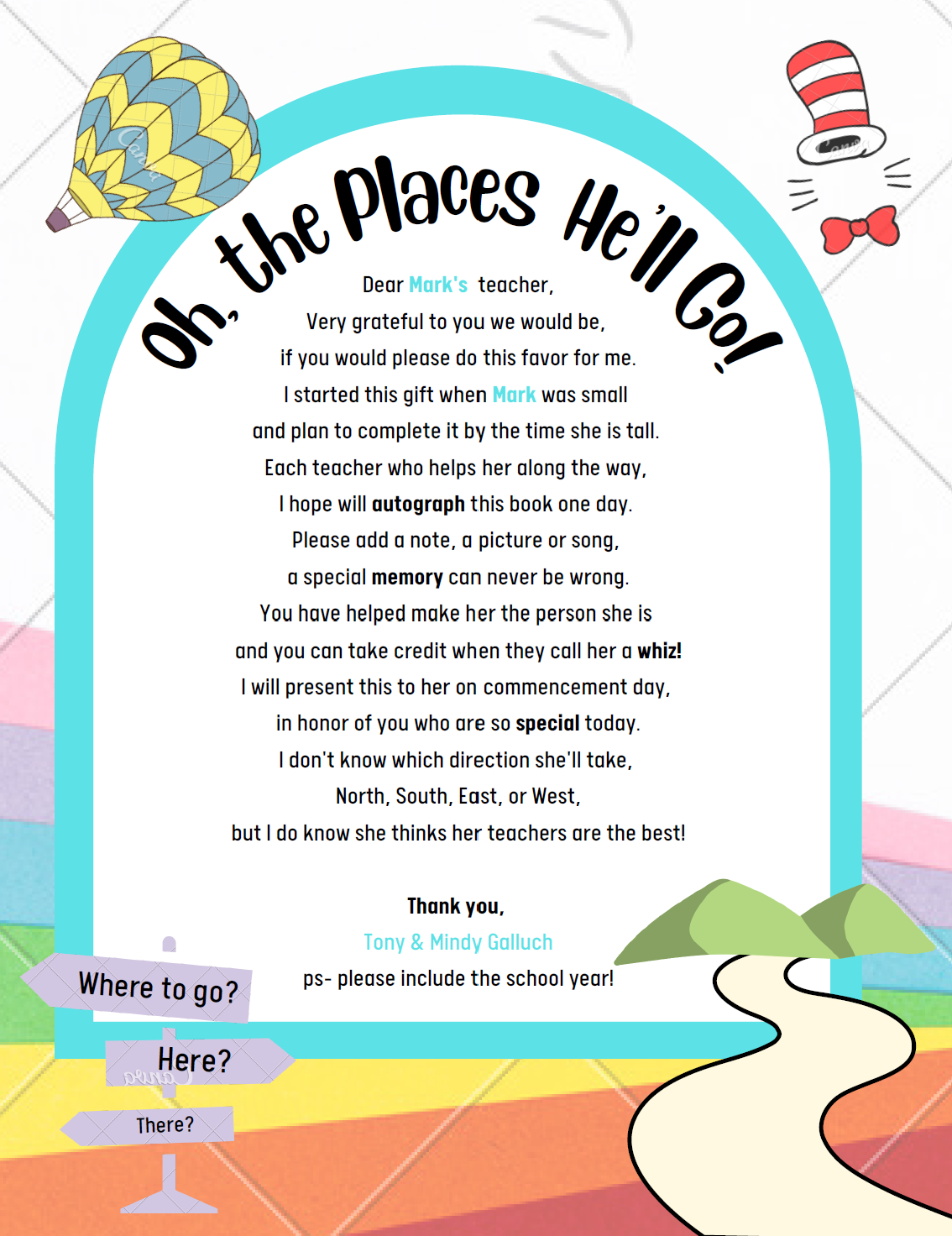 Oh the Places You'll Go Teacher Instructions for Book for Kids - End of School Year - Autograph -  Graduation Gift -