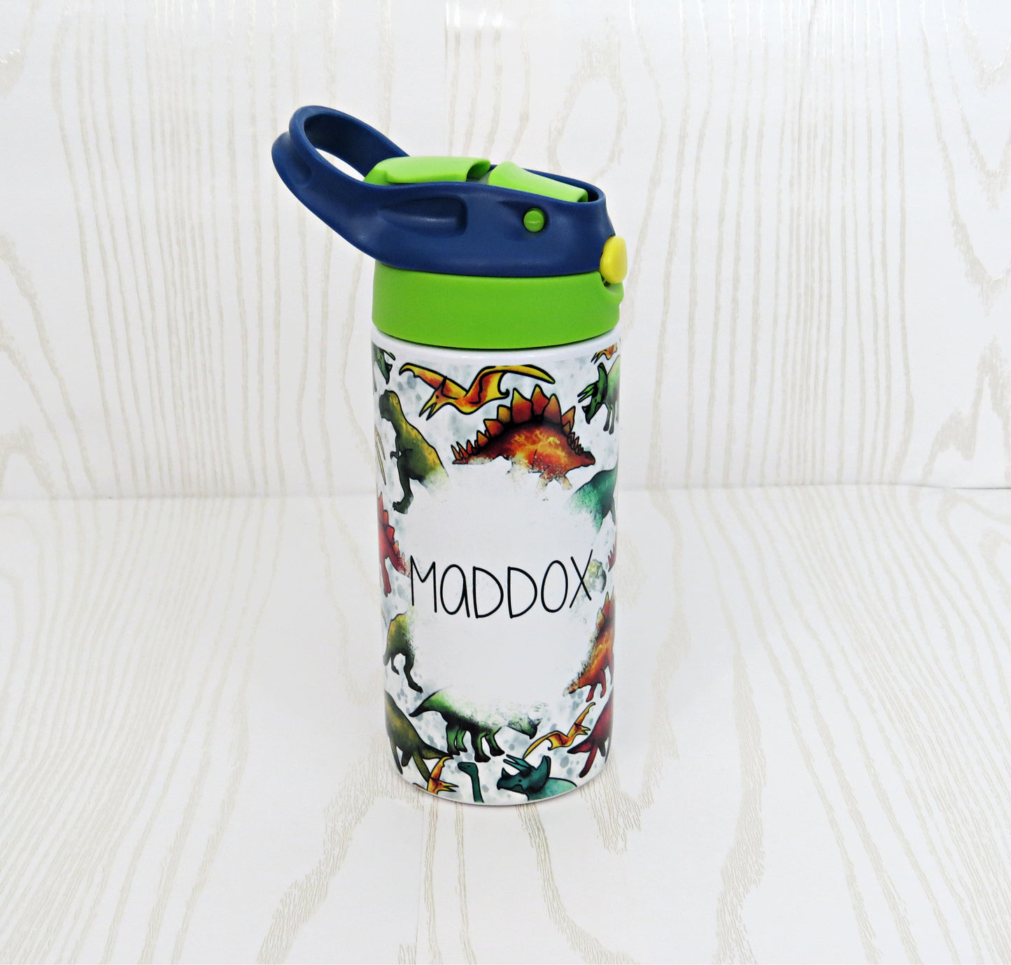 12 oz Stainless Steel Dinosaur Tumbler - Boys Water Bottle - Flip Top - Insulated Reusable - Straw - Personalized Custom with Handle