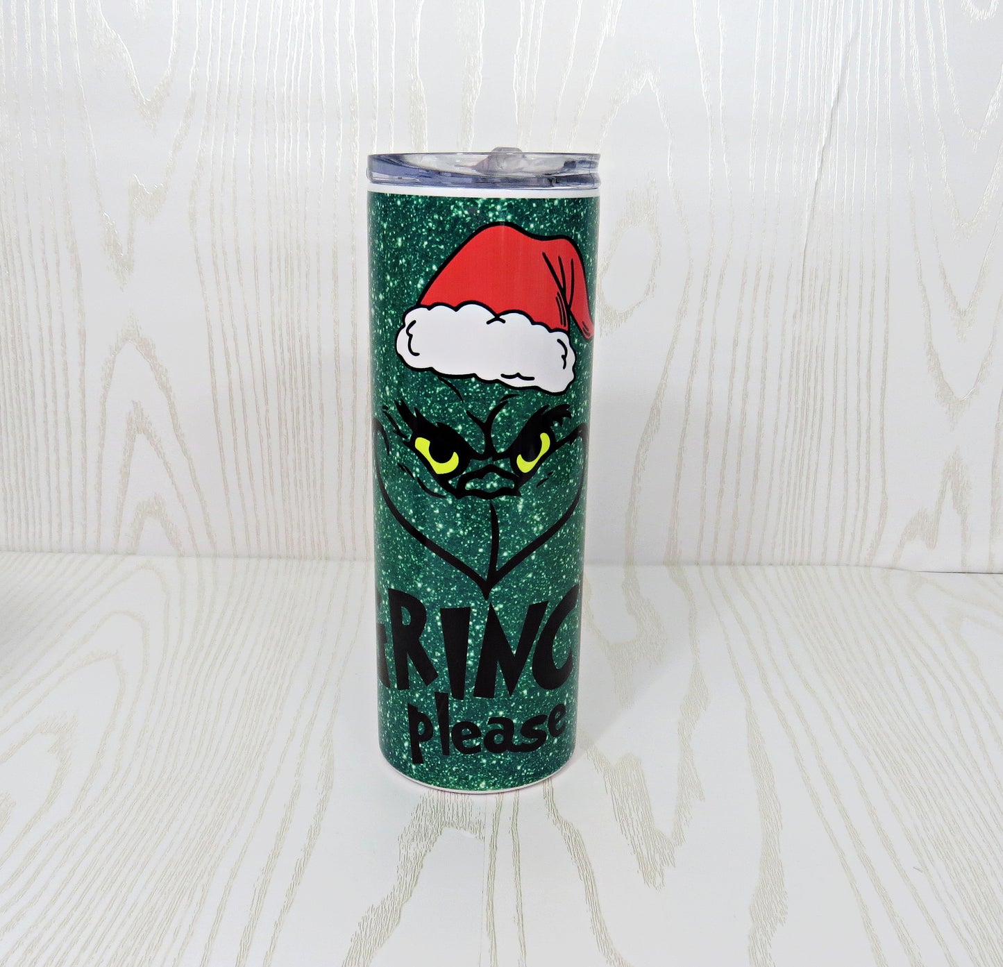 20 oz Stainless Steel Green Man Please Tumbler Green Glitter - Christmas Gift for Her with Straw - You're a Mean One - Cup Mug