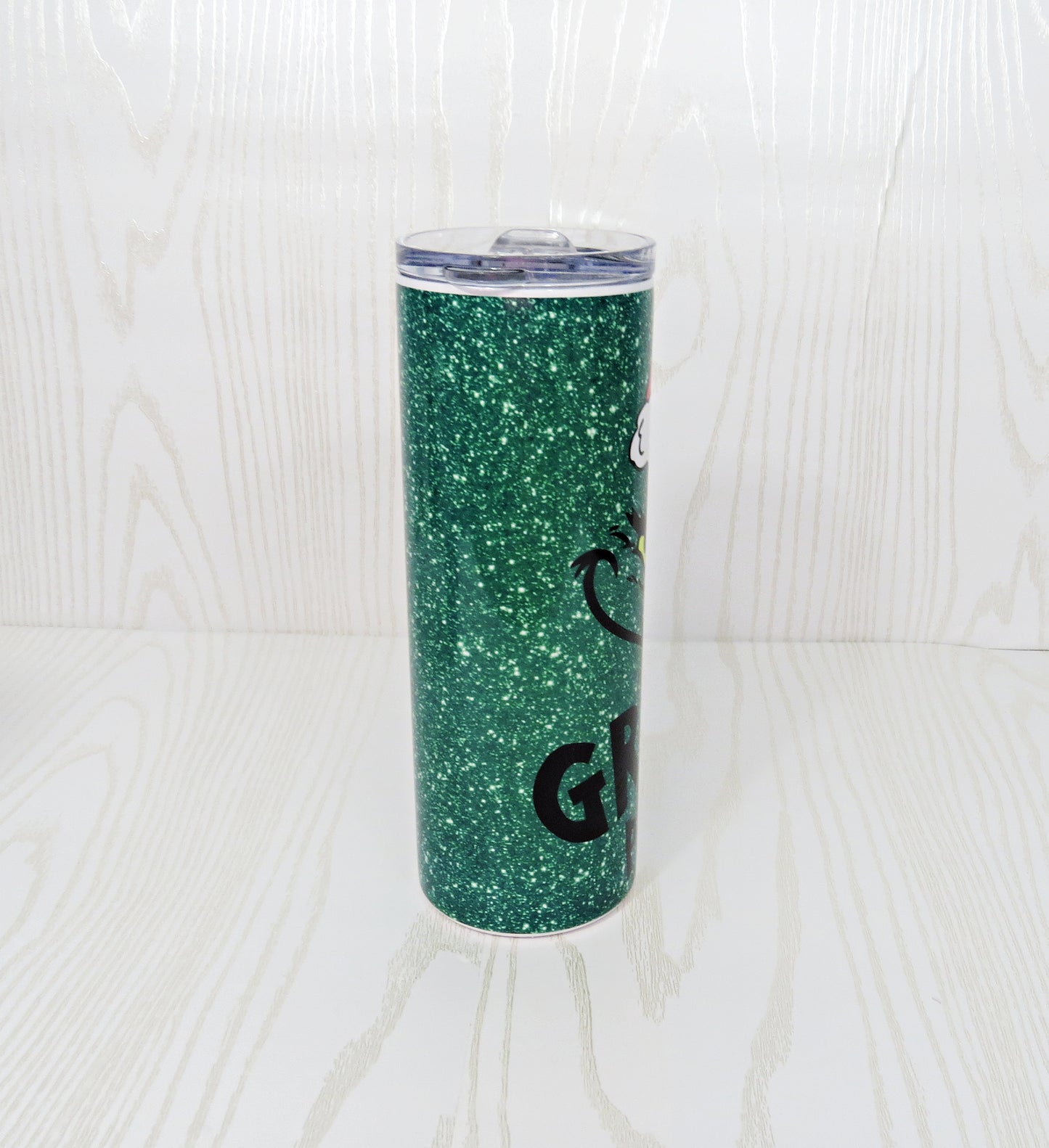 20 oz Stainless Steel Green Man Please Tumbler Green Glitter - Christmas Gift for Her with Straw - You're a Mean One - Cup Mug