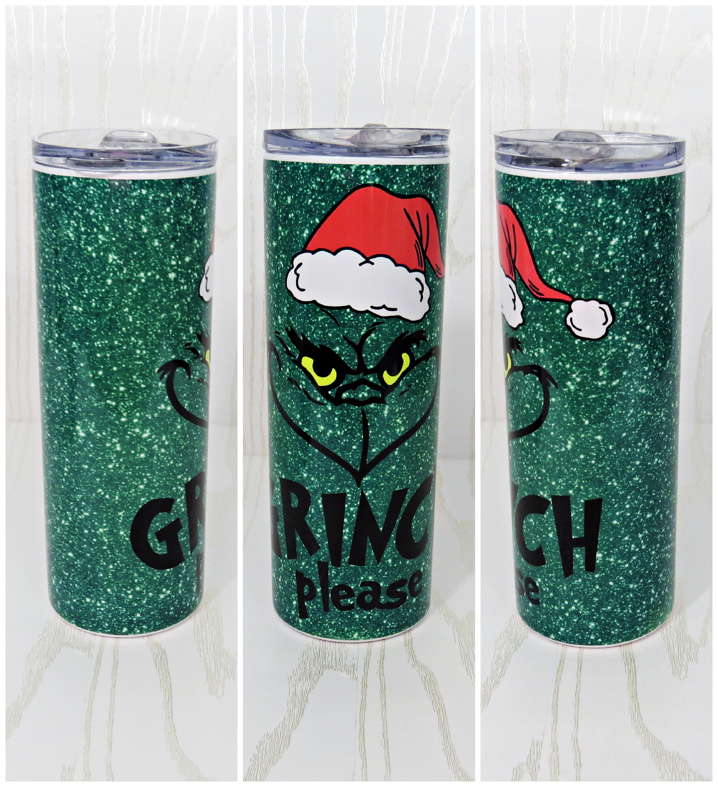 20 oz Stainless Steel Green Man Please Tumbler Green Glitter - Christmas Gift for Her with Straw - You're a Mean One - Cup Mug