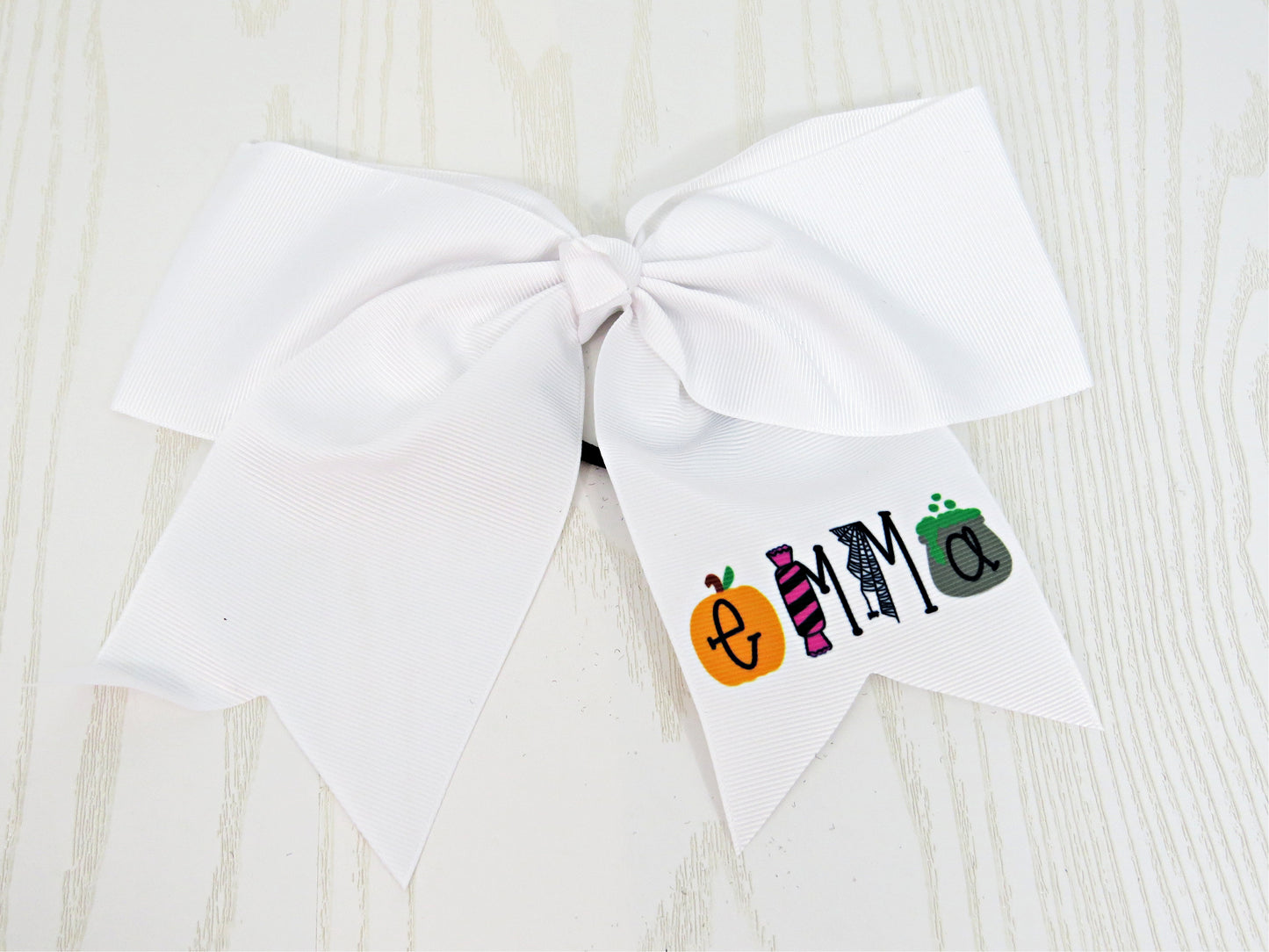 Halloween Personalized Hair Bow for Girls - Boo Hair Tie Accessory- Custom White Preppy Bow Trick or Treat - Cheer 8" Bow - Ribbon