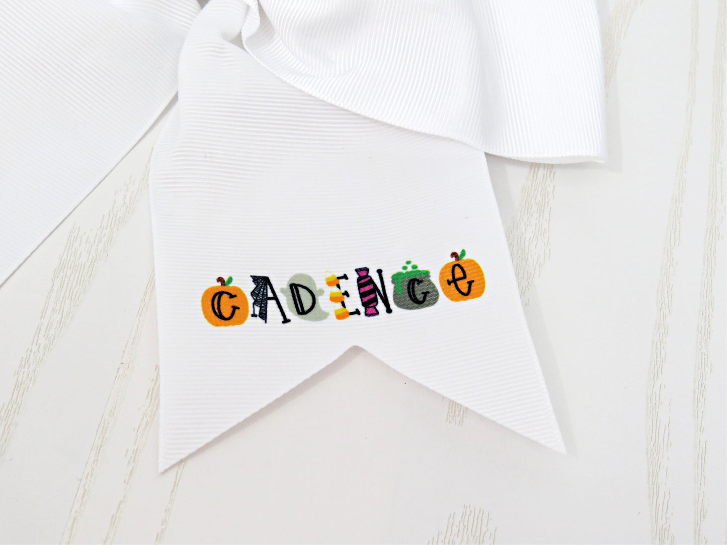 Halloween Personalized Hair Bow for Girls - Boo Hair Tie Accessory- Custom White Preppy Bow Trick or Treat - Cheer 8" Bow - Ribbon