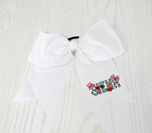 Valentines Day Personalized Hair Bow for Girls - Monogram Holidays Hair Tie Accessory- Custom White Preppy Bow Holiday Season - Cheer 8" Bow - Ribbon