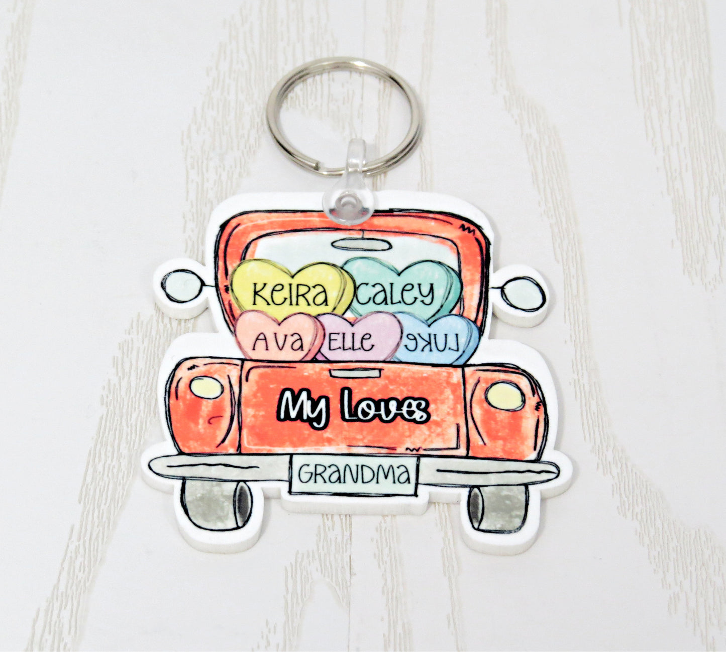 Truck Valentine Keychain - Gift with Kids Names - Appreciation Keychain - Hearts Mothers Day Gift Grandma Nana Mimi