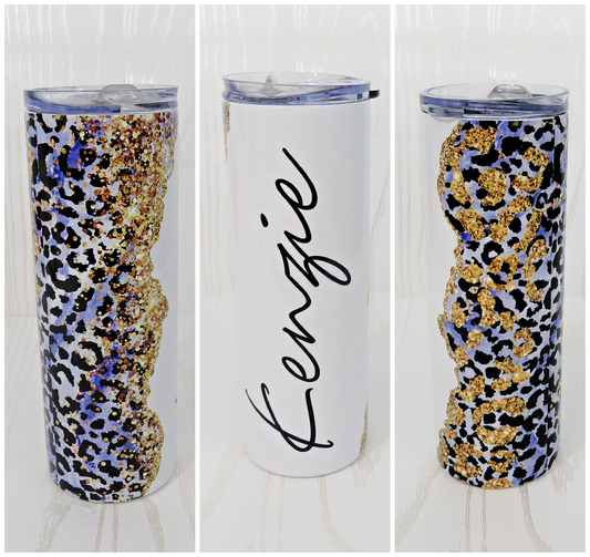 20 oz Purple Gold Leopard Cheetah Stainless Steel Skinny Tumbler with Personalized Name Decal - Includes Straw and Lid – Kids Girls Gift – Bridesmaid – Bachelorette - Bridal Party Gifts - Mother's Day - Birthday