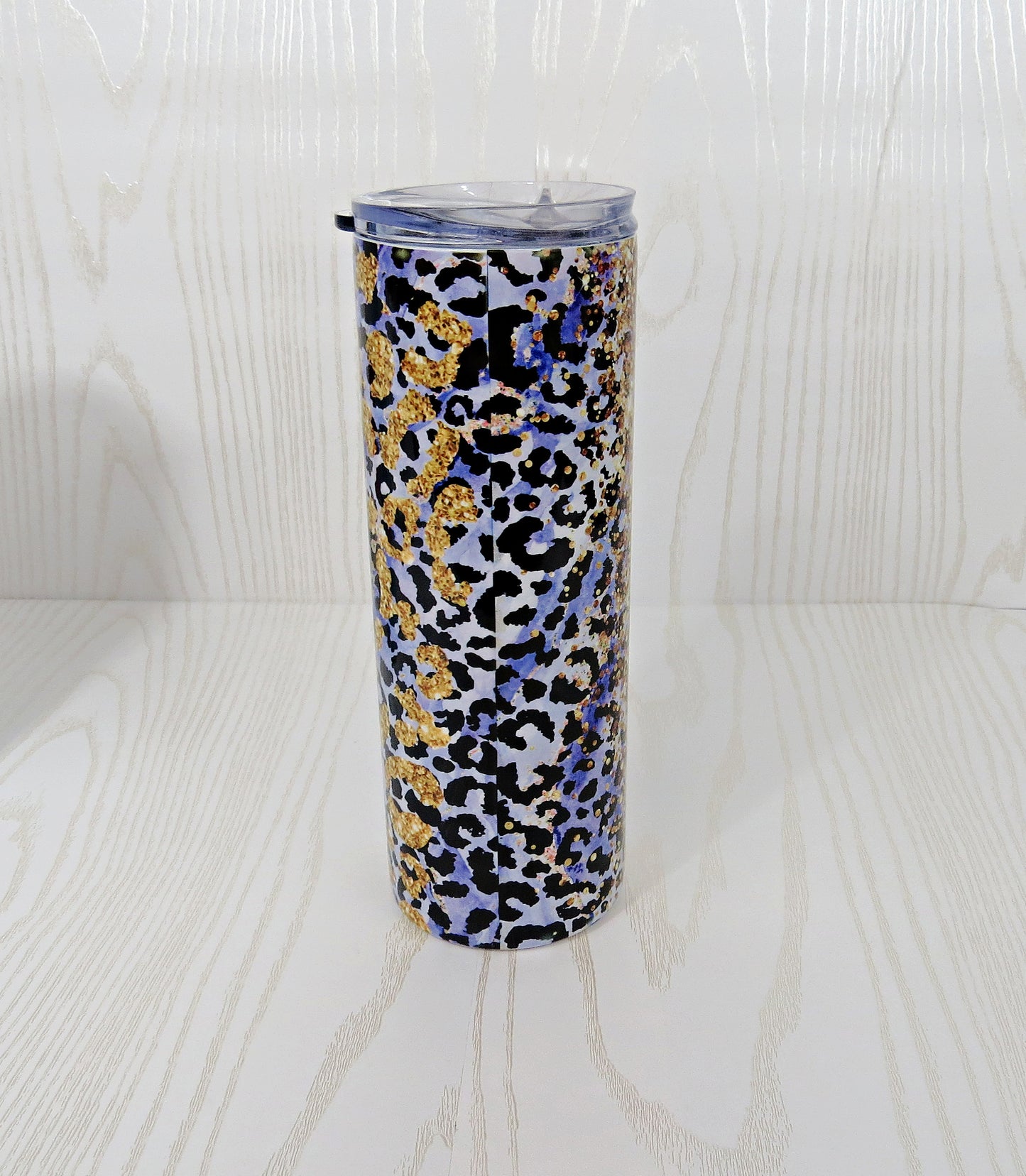 20 oz Purple Gold Leopard Cheetah Stainless Steel Skinny Tumbler with Personalized Name Decal - Includes Straw and Lid – Kids Girls Gift – Bridesmaid – Bachelorette - Bridal Party Gifts - Mother's Day - Birthday