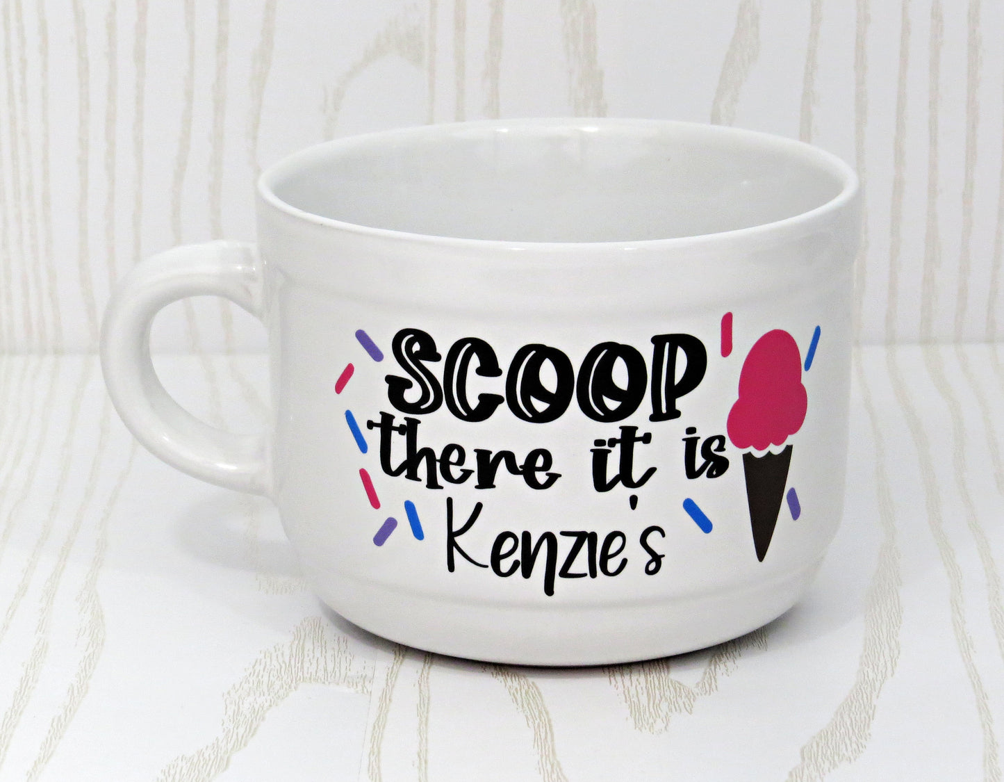 Personalized Ice Cream Bowl –Scoop There it is - Colorful Cereal Mug with Handle – Oversized Custom