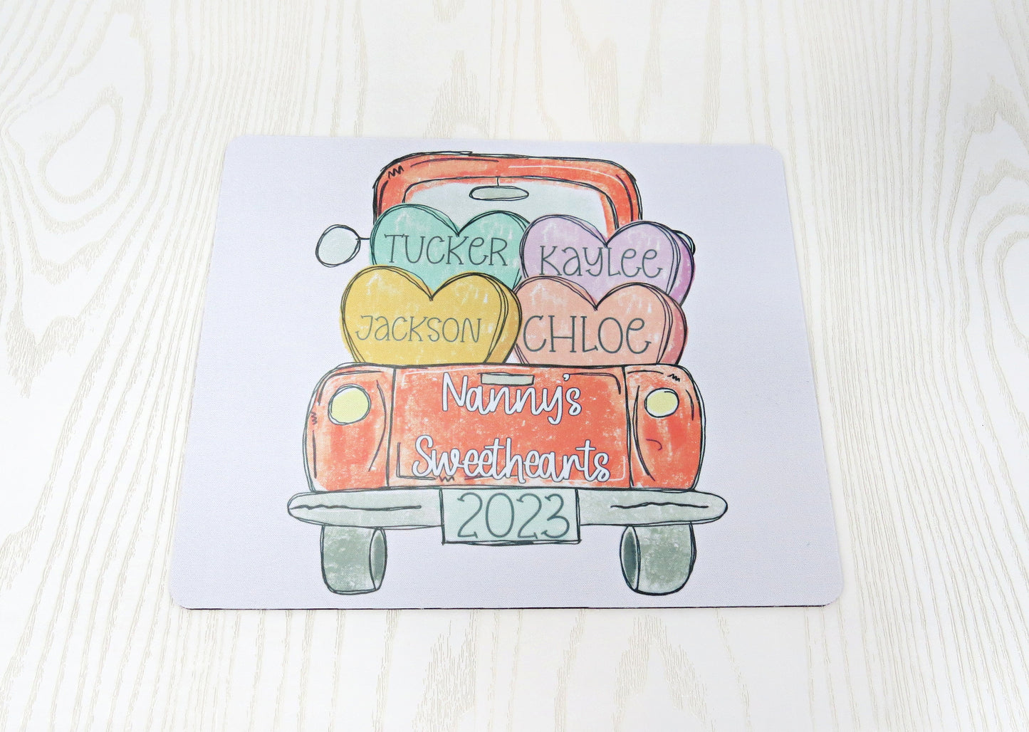 Personalized Truck Valentines Day Mouse Pad with Kids Names - Mothers Day Personalized Mom Gift - Gifts for Grandma