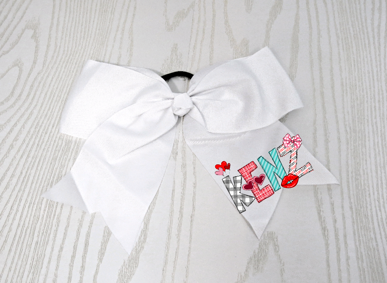 Valentines Day Personalized Hair Bow for Girls - Monogram Holidays Hair Tie Accessory- Custom White Preppy Bow Holiday Season - Cheer 8" Bow - Ribbon