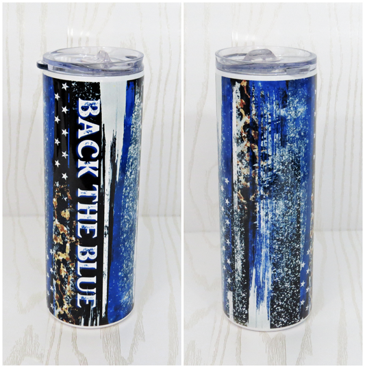 20 oz Back the Blue Stainless Steel Skinny Tumbler - Police Officer Wife Gift Includes Straw and Lid – Holiday Gift Secret Santa - Birthday Mom Gift