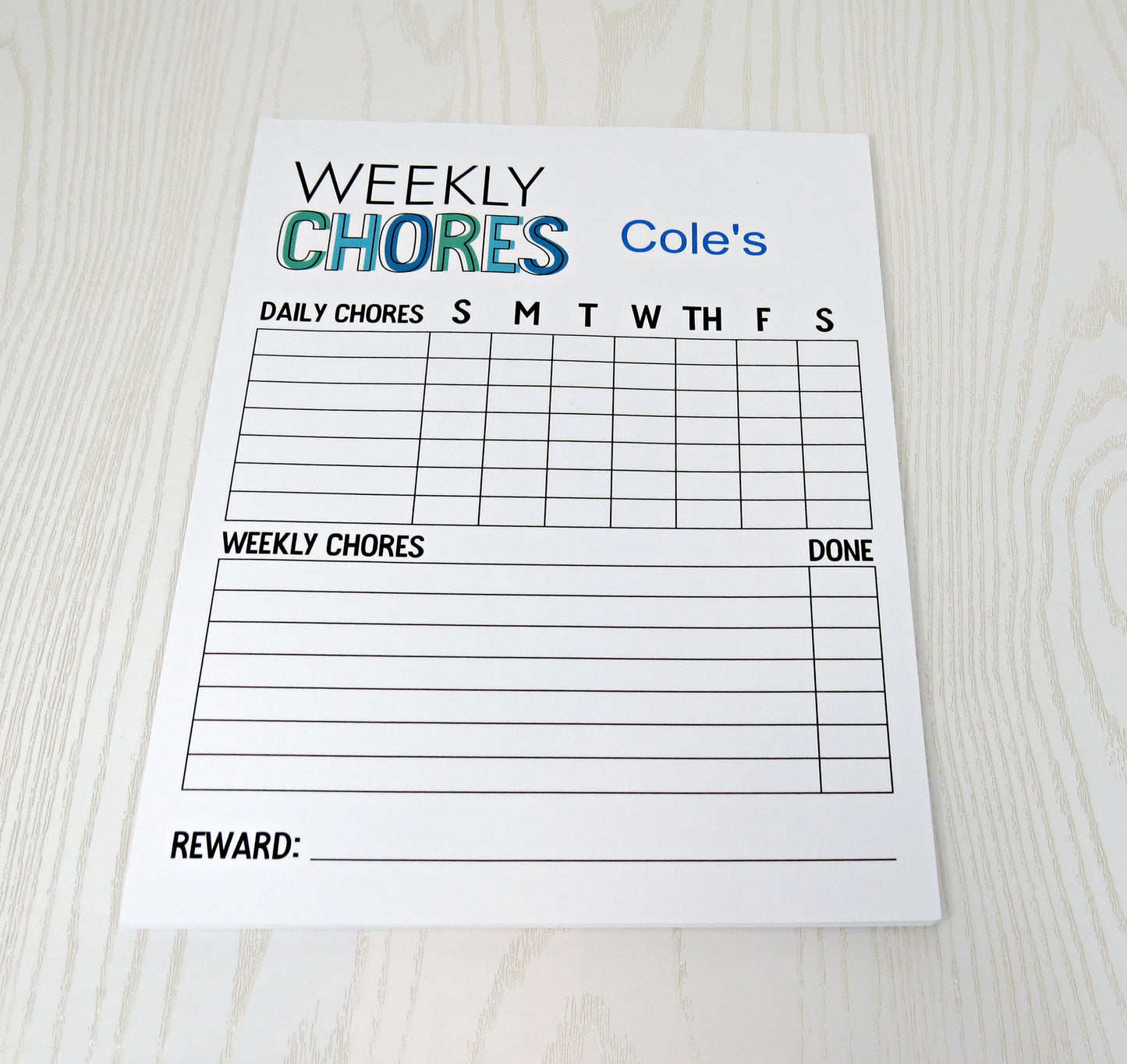 Custom Chore Chart for Kids - 52 Tear Away Sheets Yearly - Weekly Planner Note Pad - Custom Task Listing Behavior and Reward - Motivation Board Notepad