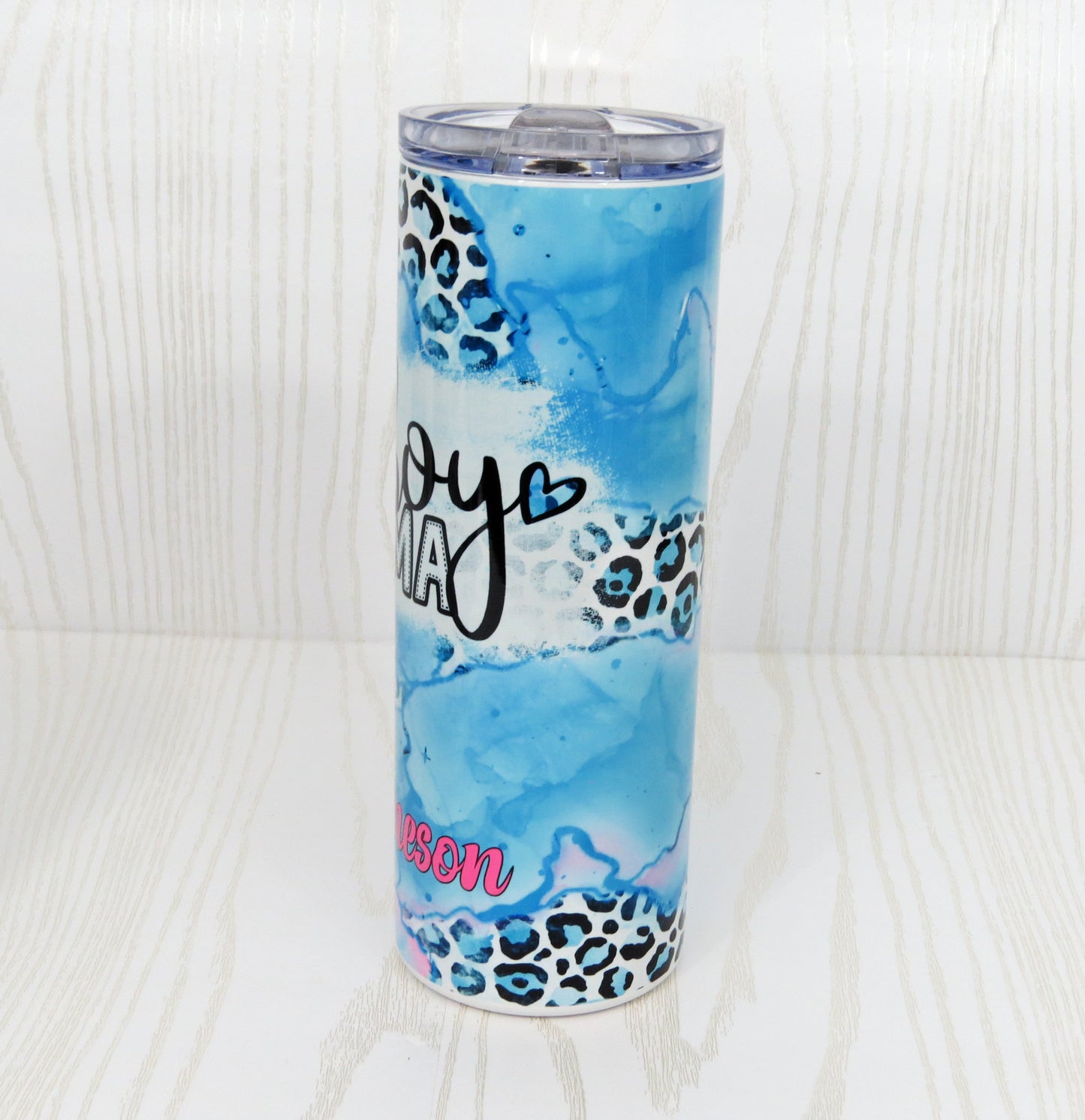 20 oz Blue Boy Mama Cheetah Stainless Steel Skinny Tumbler - Personalized Includes Straw and Lid – Holiday Gift Secret Santa - Birthday Mom Gift