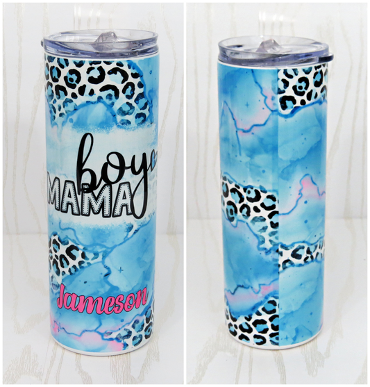 20 oz Blue Boy Mama Cheetah Stainless Steel Skinny Tumbler - Personalized Includes Straw and Lid – Holiday Gift Secret Santa - Birthday Mom Gift