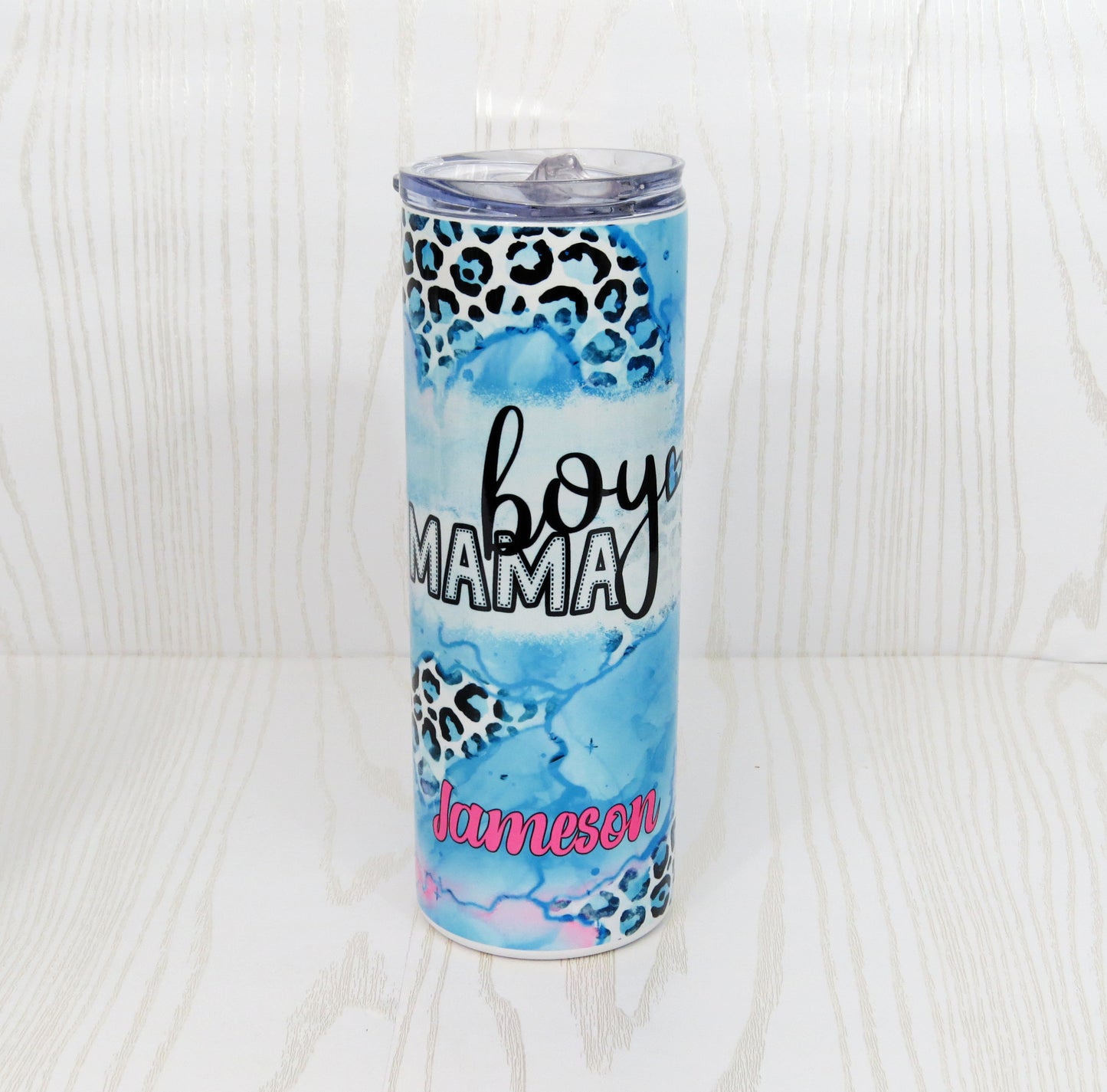 20 oz Blue Boy Mama Cheetah Stainless Steel Skinny Tumbler - Personalized Includes Straw and Lid – Holiday Gift Secret Santa - Birthday Mom Gift