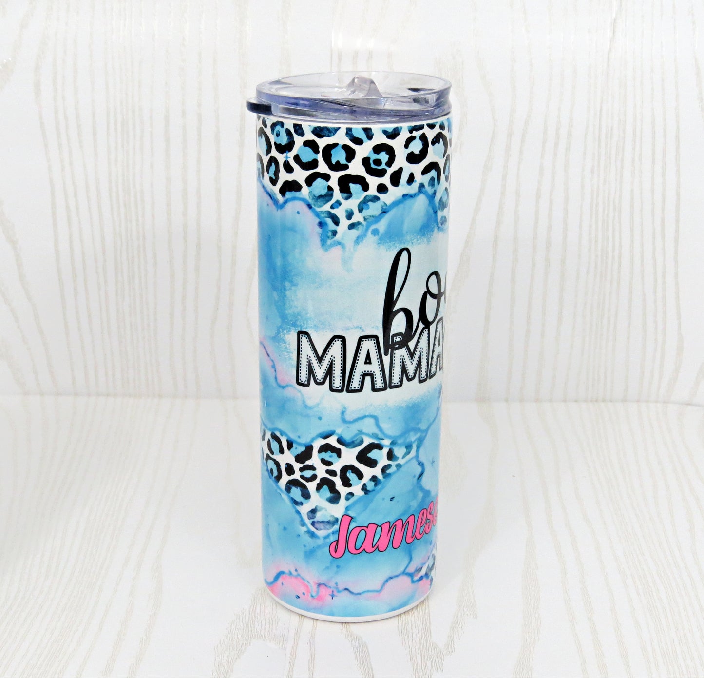 20 oz Blue Boy Mama Cheetah Stainless Steel Skinny Tumbler - Personalized Includes Straw and Lid – Holiday Gift Secret Santa - Birthday Mom Gift