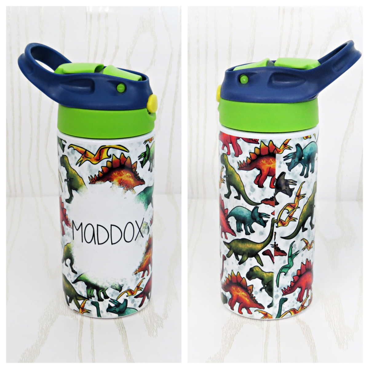 12 oz Stainless Steel Dinosaur Tumbler - Boys Water Bottle - Flip Top - Insulated Reusable - Straw - Personalized Custom with Handle