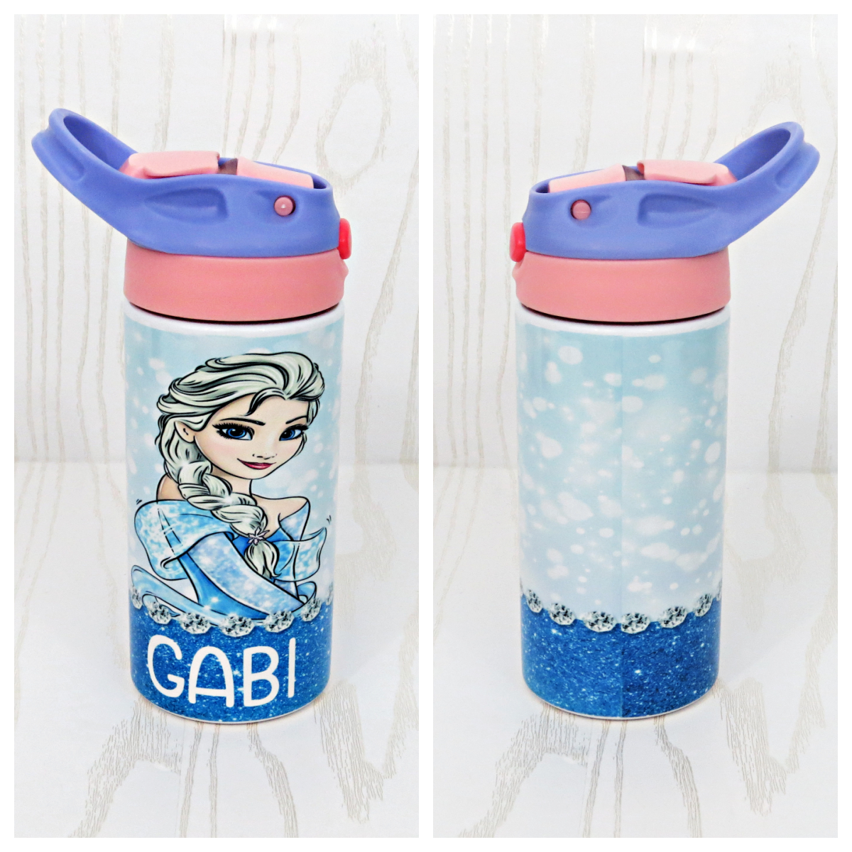 12 oz Stainless Steel Princess Water Bottles - Blue Ice Queen Tumbler - Girls Water Bottle - Flip Top - Insulated Reusable - Straw - Personalized Custom with Handle