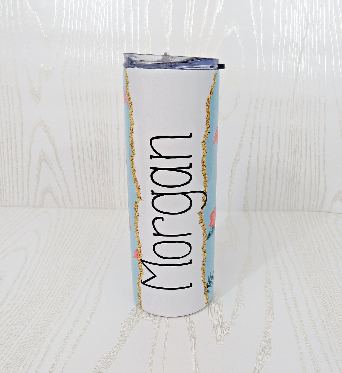 20 oz Blue Pink Flamingo Stainless Steel Skinny Tumbler with Personalized Name Decal - Includes Straw and Lid – Kids Girls Gift – Bridesmaid – Bachelorette - Bridal Party Gifts - Mother's Day - Birthday