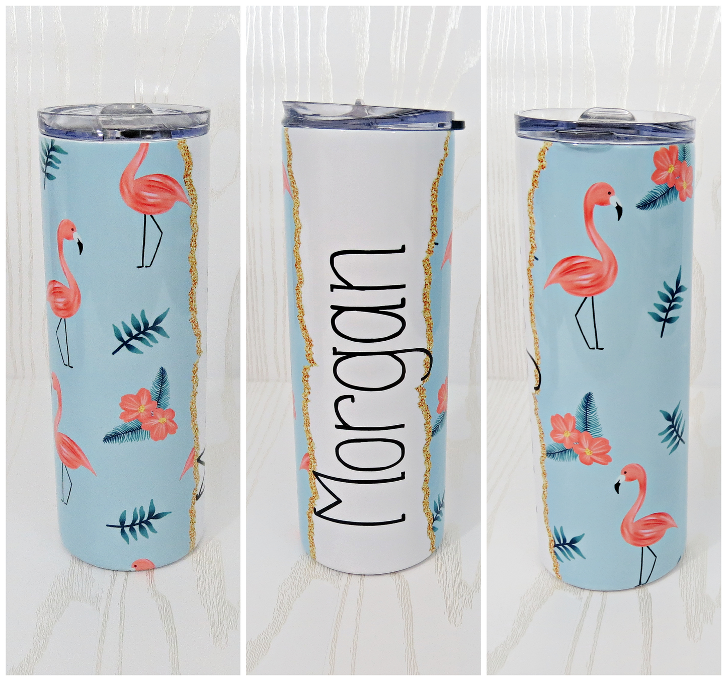 20 oz Blue Pink Flamingo Stainless Steel Skinny Tumbler with Personalized Name Decal - Includes Straw and Lid – Kids Girls Gift – Bridesmaid – Bachelorette - Bridal Party Gifts - Mother's Day - Birthday