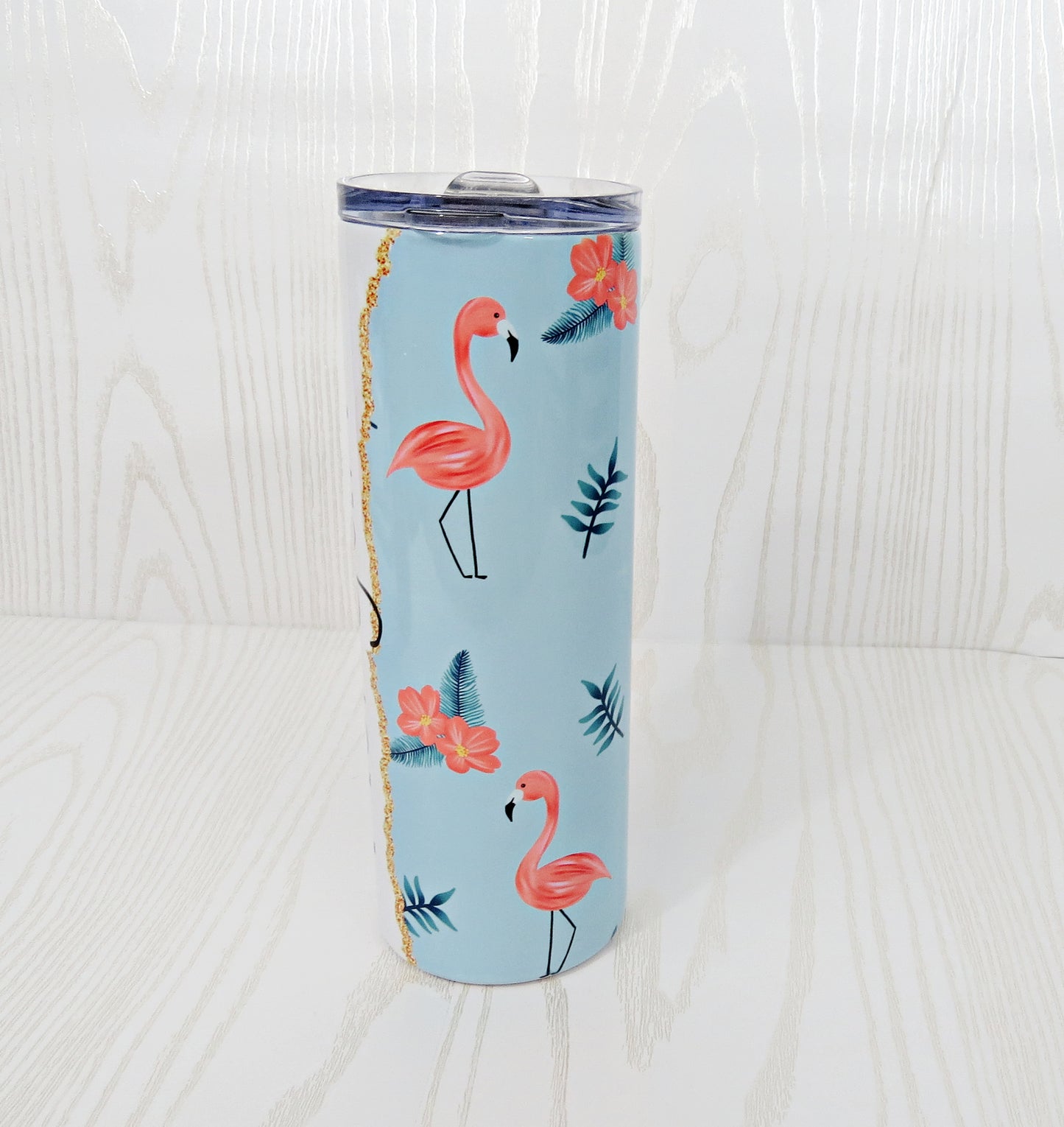 20 oz Blue Pink Flamingo Stainless Steel Skinny Tumbler with Personalized Name Decal - Includes Straw and Lid – Kids Girls Gift – Bridesmaid – Bachelorette - Bridal Party Gifts - Mother's Day - Birthday