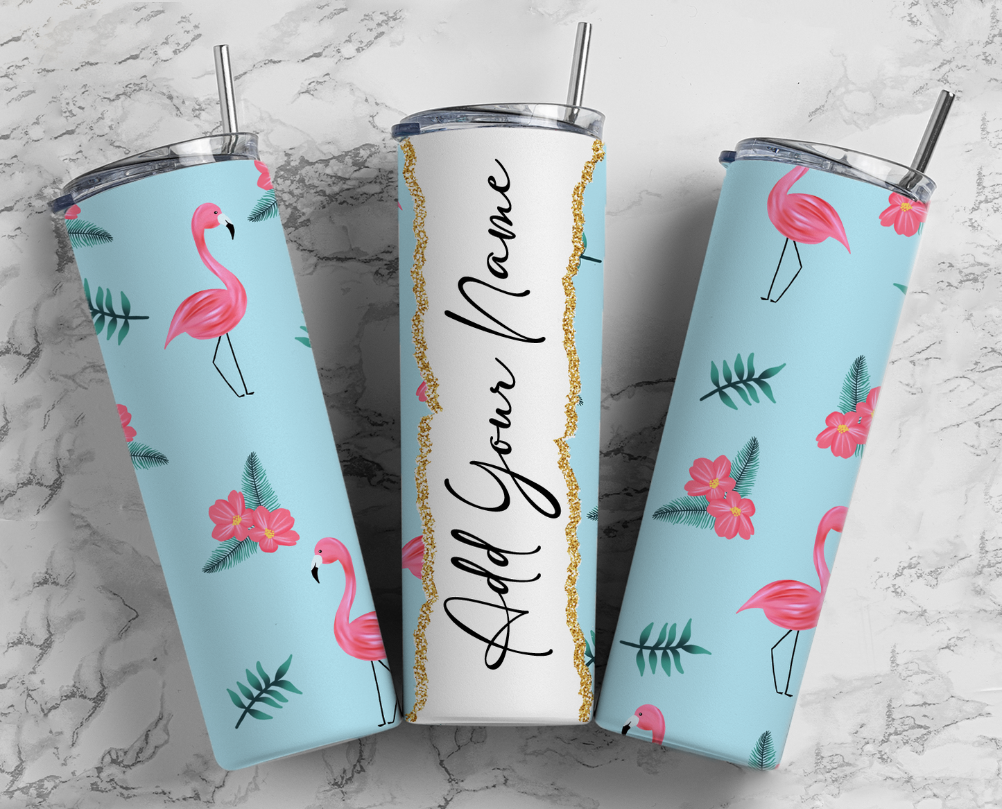 20 oz Blue Pink Flamingo Stainless Steel Skinny Tumbler with Personalized Name Decal - Includes Straw and Lid – Kids Girls Gift – Bridesmaid – Bachelorette - Bridal Party Gifts - Mother's Day - Birthday