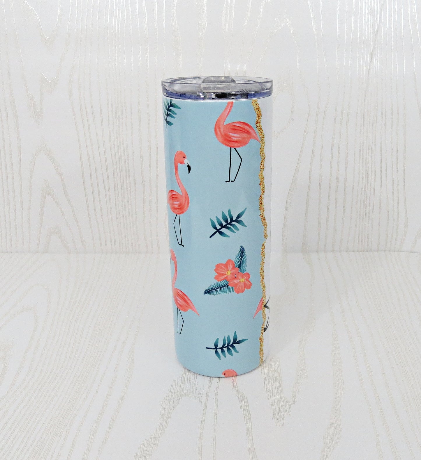 20 oz Blue Pink Flamingo Stainless Steel Skinny Tumbler with Personalized Name Decal - Includes Straw and Lid – Kids Girls Gift – Bridesmaid – Bachelorette - Bridal Party Gifts - Mother's Day - Birthday