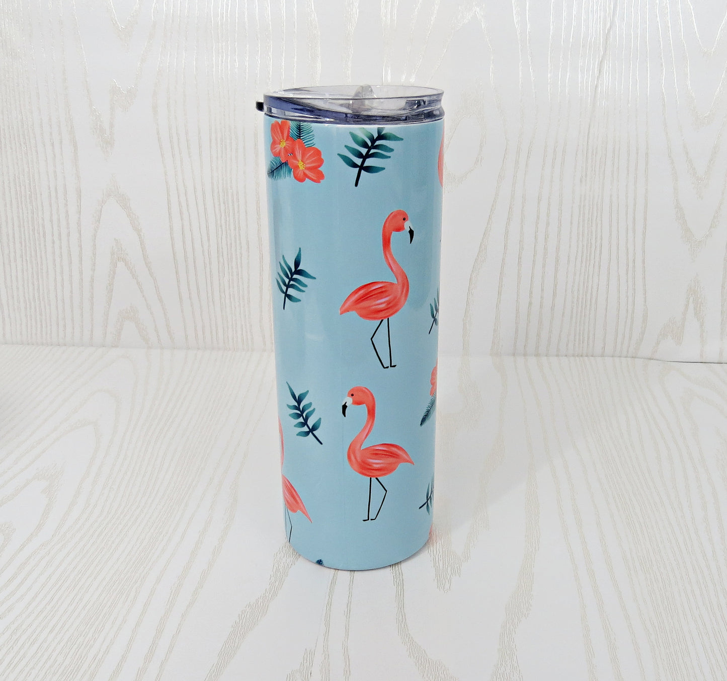 20 oz Blue Pink Flamingo Stainless Steel Skinny Tumbler with Personalized Name Decal - Includes Straw and Lid – Kids Girls Gift – Bridesmaid – Bachelorette - Bridal Party Gifts - Mother's Day - Birthday