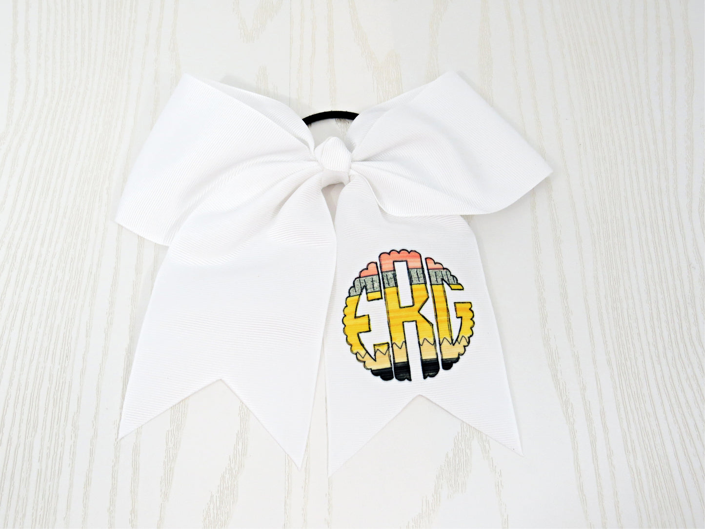 Personalized Pencil Monogram Hair Bow for Girls - Monogram Hair Tie - Accessory Back to School - Custom White Pink Preppy Bow - Cheer 8" Bow - Ribbon - Uniform