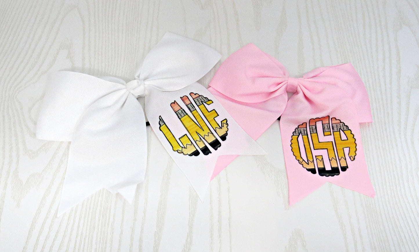 Personalized Pencil Monogram Hair Bow for Girls - Monogram Hair Tie - Accessory Back to School - Custom White Pink Preppy Bow - Cheer 8" Bow - Ribbon - Uniform