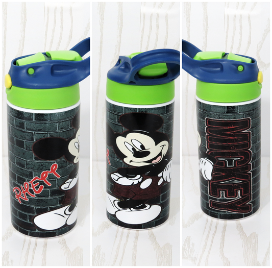 12 oz Stainless Steel Black Mouse Tumbler - Girls Water Bottle - Flip Top - Insulated Reusable - Straw - Personalized Custom with Handle