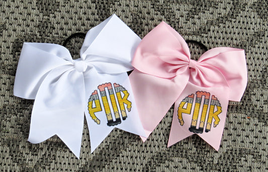 Personalized Pencil Monogram Hair Bow for Girls - Monogram Hair Tie - Accessory Back to School - Custom White Pink Preppy Bow - Cheer 8" Bow - Ribbon - Uniform