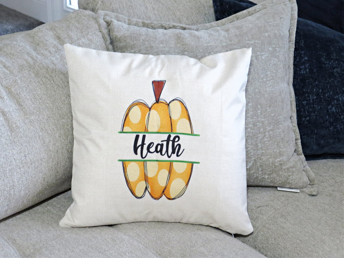 Decorative Fall Themed Pumpkin Throw Pillow Cover Personalized - Custom with Name - Thanksgiving Halloween Home Decor - Polka Dot