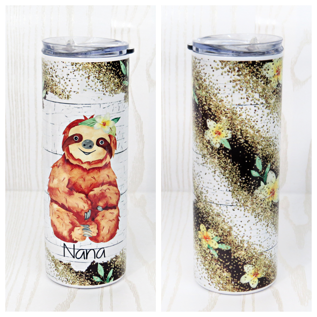 20 oz Stainless Steel Skinny Tumbler Sloth Cute Animal - Personalized Custom with Name  - Coffee Travel Mug- Straw & Lid