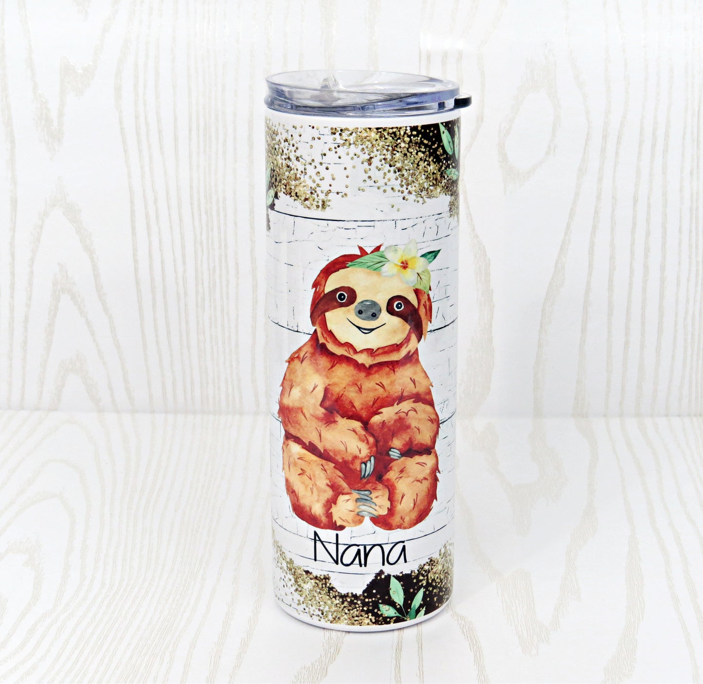 20 oz Stainless Steel Skinny Tumbler Sloth Cute Animal - Personalized Custom with Name  - Coffee Travel Mug- Straw & Lid