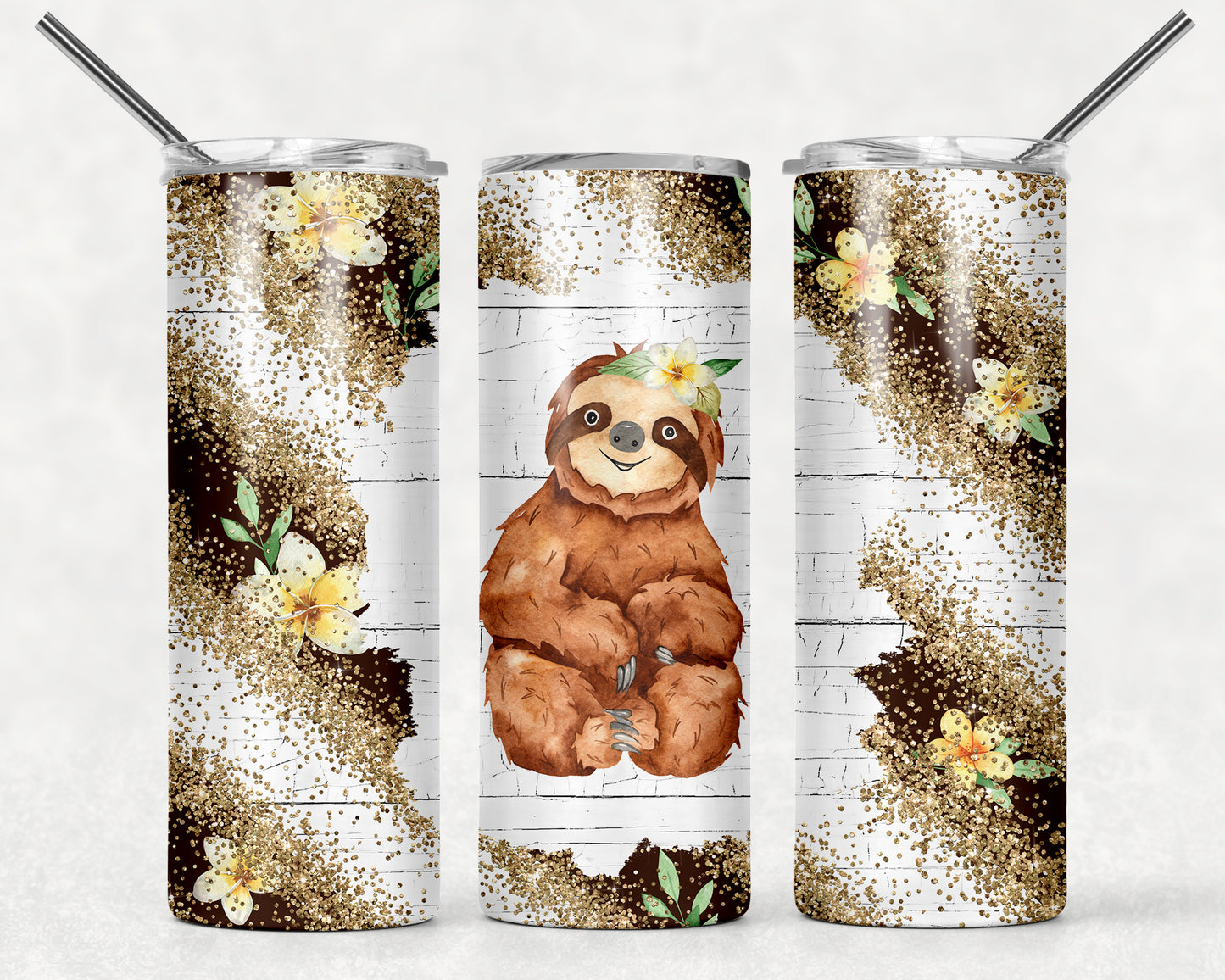 20 oz Stainless Steel Skinny Tumbler Sloth Cute Animal - Personalized Custom with Name  - Coffee Travel Mug- Straw & Lid