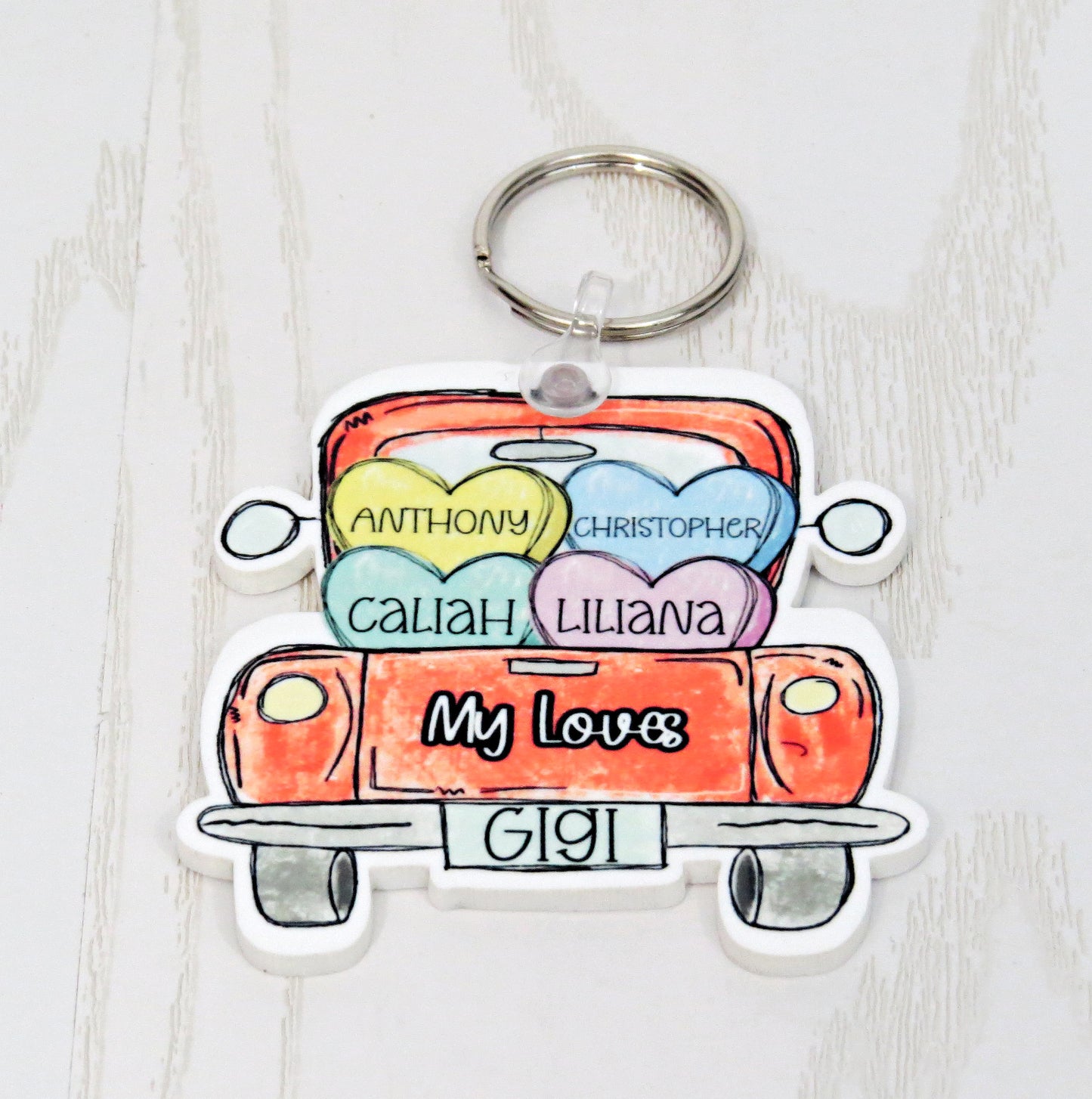 Truck Valentine Keychain - Gift with Kids Names - Appreciation Keychain - Hearts Mothers Day Gift Grandma Nana Mimi